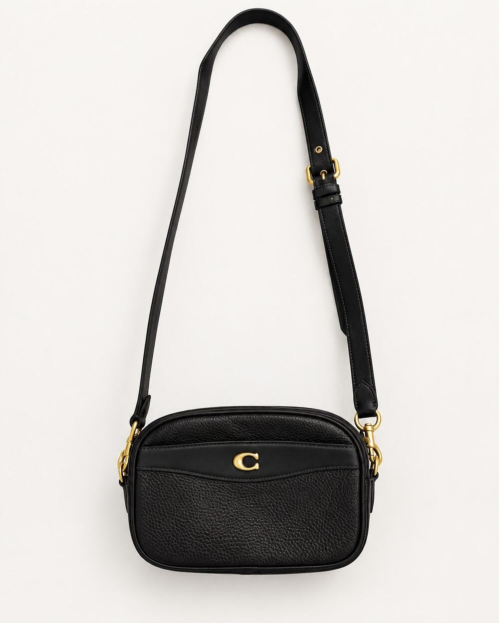 Coach CC386 Camera Bag Black Pebble Leather Brass Crossbody Shoulder Purse